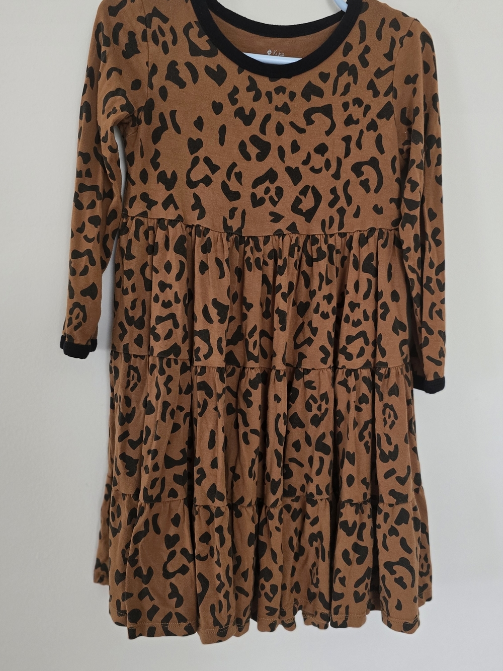 Kyte BABY Brown Leopard Tiered Long-Sleeve Dress with Black Trim